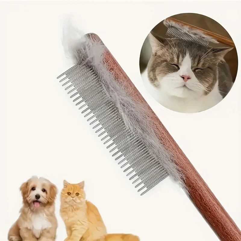Pettine per toelettatura animali domestici da 1 pezzo per cani e gatti - Denti in acciaio inossidabile, manico in legno, adatto per capelli lunghi e corti, strumento durevole per toelettatura animali domestici, rimuove i pulci