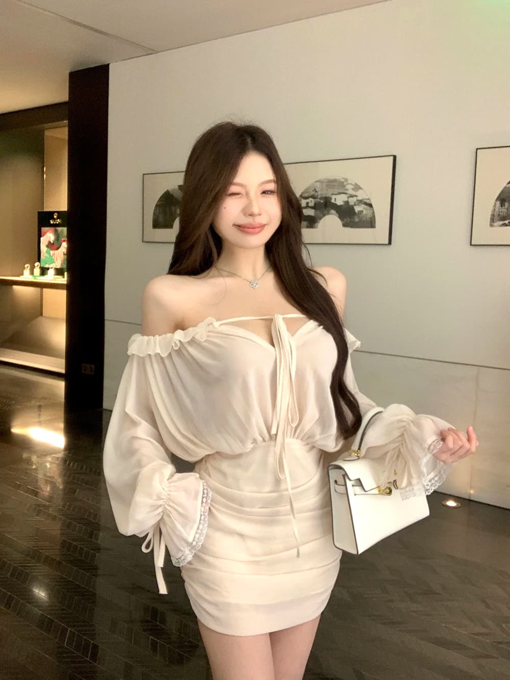 Pure Desire Sexy Belted Long Sleeve One Shoulder Dress Women's Autumn Pleated Slim Fit Short Skirt High Waist Korean Style