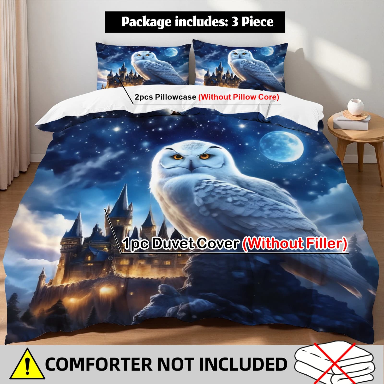 Set di biancheria da letto Owl Castle Magic Moonlight Fantasy, set copripiumino con federe per ragazzi, bambini, camera da letto a tema magico, Twin Queen King
