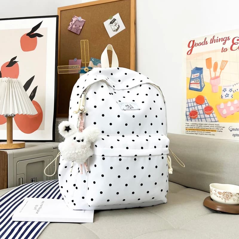 Cute White Polka Dot Nylon Backpack Cartoon Mouse Plush Pendant Girls Student School Bag