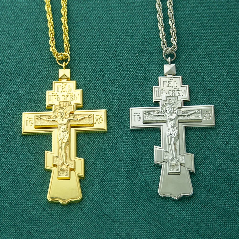 HT Orthodox Jesus Cross Gold Silver Plated Crucifix Cross Necklace Pendant Priest Pectoral Cross Pastor Religion Gift