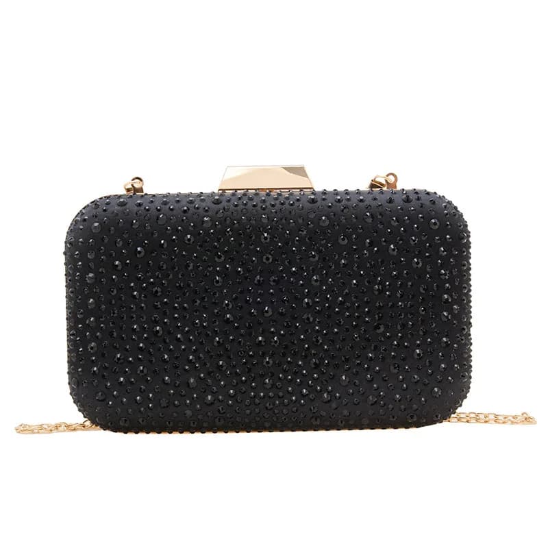 Black Full Rhinestone Hard Clutch Bag Women Luxury Golden Frame Rectangle Evening Purse Wedding Party Formal Gala Event Handbag