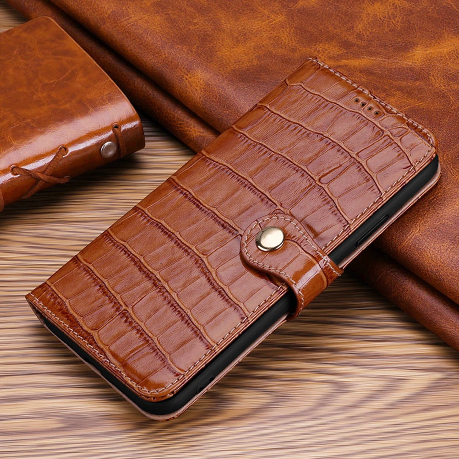 Crocodile-pattern wallet case with multiple card slots for iPhone 15-16 Series, can be used as a stand when opened