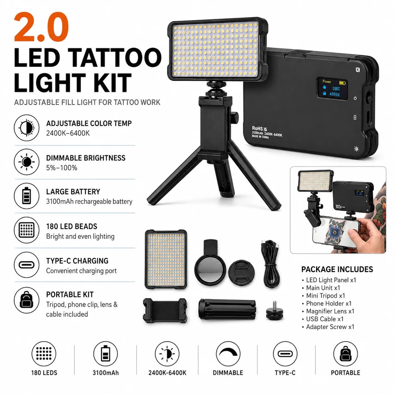 LED Tattoo Light Kit 180 LEDs Adjustable Brightness Color Temperature Fill Light with Tripod Phone Holder for Tattoo Studio