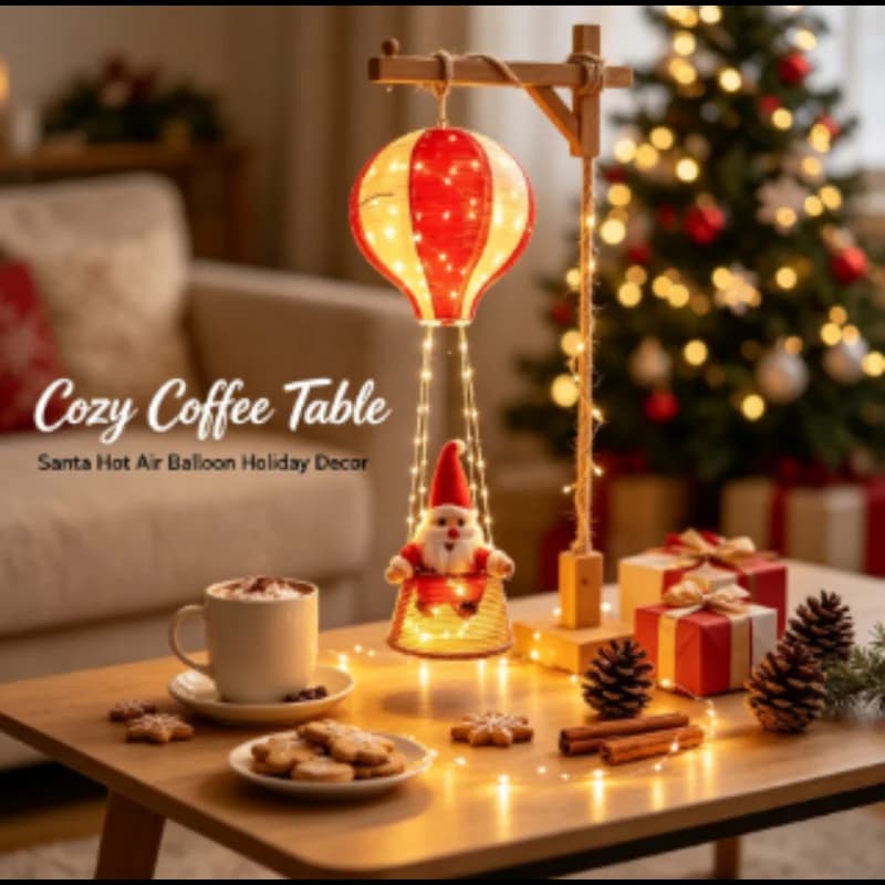 Santa Claus Hot Air Balloon with String Lights Indoor Christmas Holiday Creative Festive Scene Decoration Home Party Decor