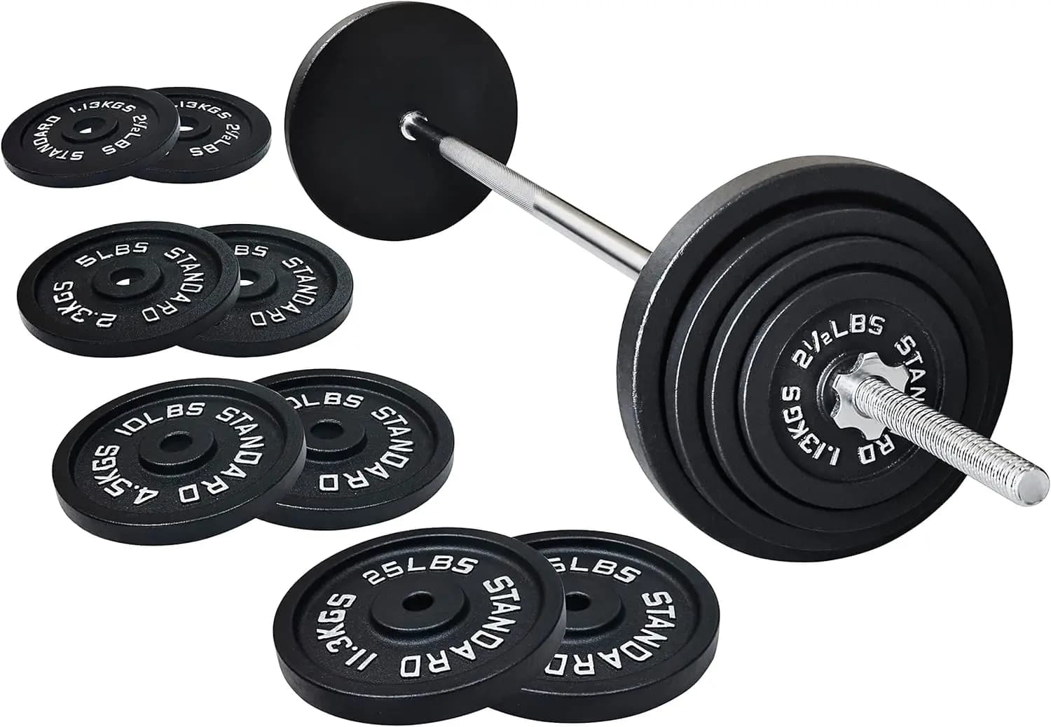 Set di Pesi in Ghisa per Palestra Domestica, Dischi Standard Neri, Bilanciere da 1,5 m con Chiusure Star Lock, 43 kg