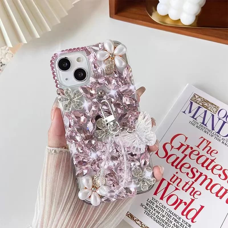 Rhinestone Bow Knot Chain Phone Case For iPhone 17 Pro Max 16 15 17 Pearl Diagonal Flower Crystal Butterfly Bracelet Cover