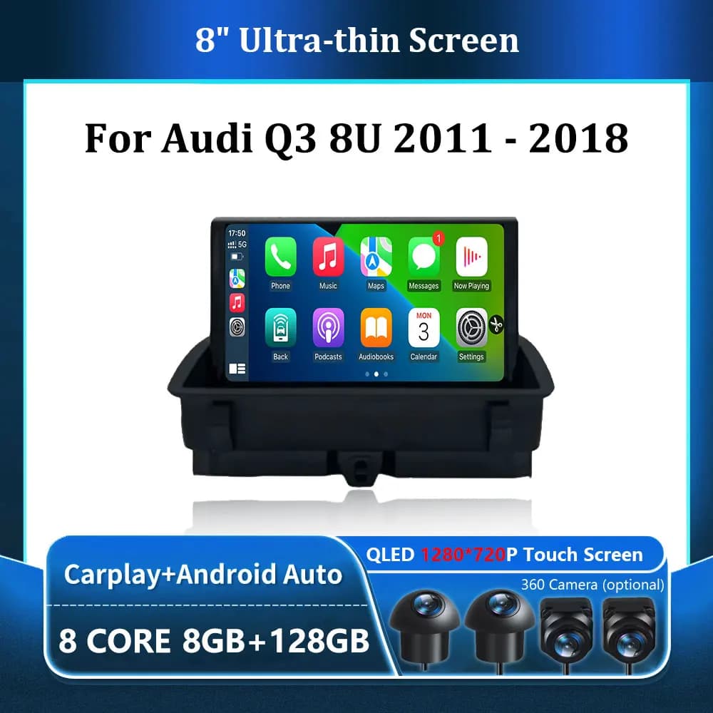 Android 16 8 inch autoradio for Audi Q3 2012-2018 with Carplay Wireless Bluetooth, Qualcomm Snapdragon 680 processor, stereo touchscreen system.