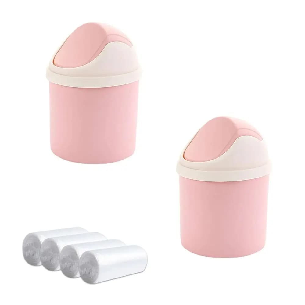 Set di 2 Mini Pattumiere con Coperchio Basculante e 120 Sacchetti, Cestino Compatto da Scrivania, Grazioso Contenitore per Rifiuti per Casa, Ufficio, Auto, Rosa