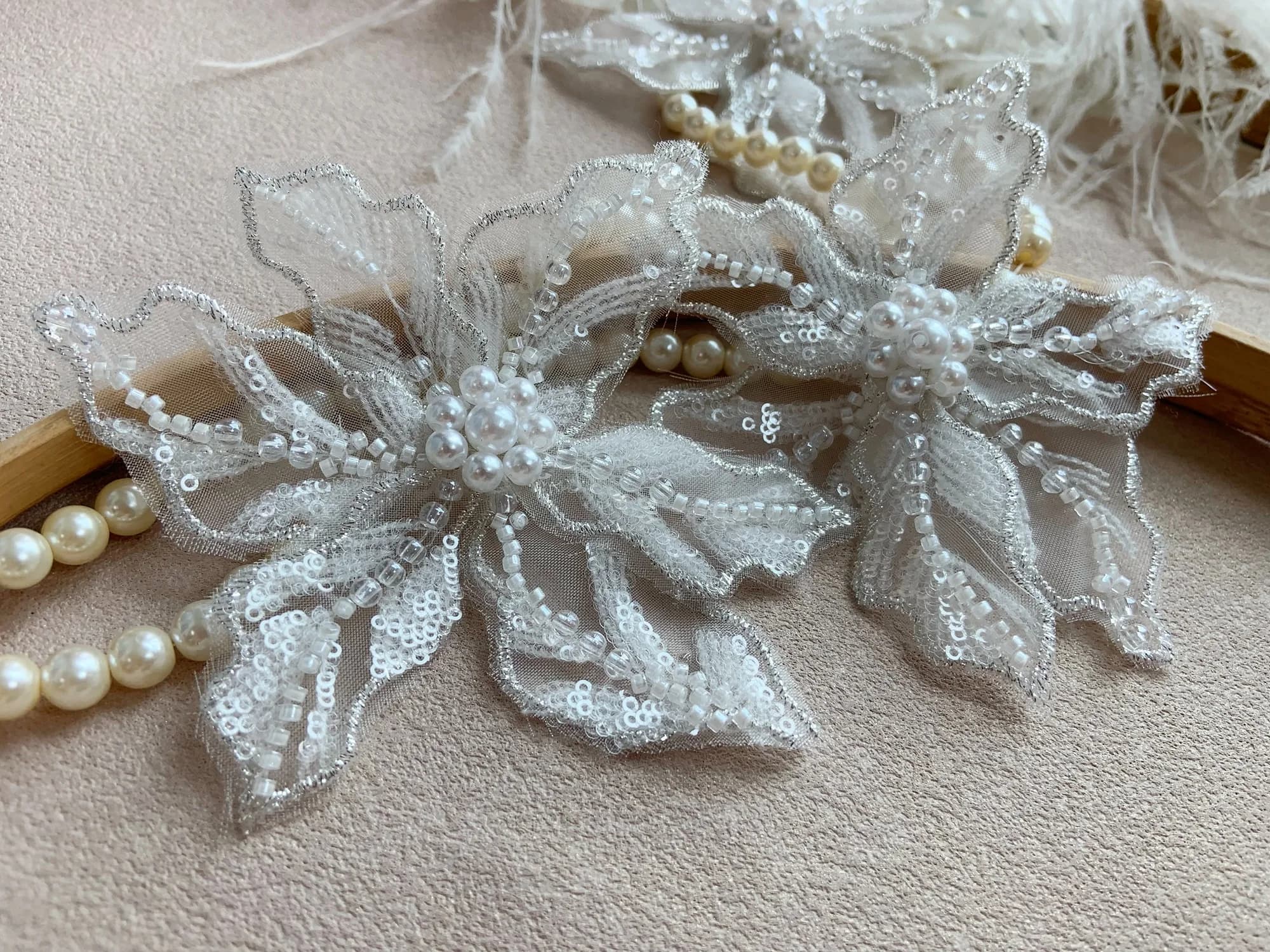 1 Piece Off White Seed Bead Pearl Flower Lace Applique for Wedding Dress,Dance Costume,Couture Patch Accessories