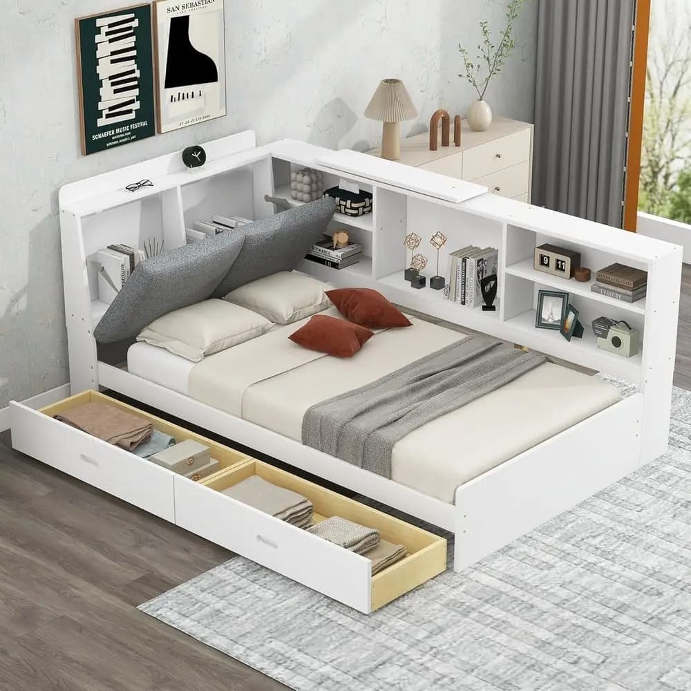 Single white sofa bed with drawers and bookcase, L platform bed with shelves, slats holder, no spring net required