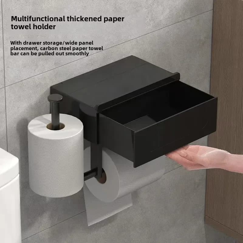 1 porta carta igienica nero elegante da parete con ripiano, senza trapano, durevole organizer da bagno per gli elementi essenziali