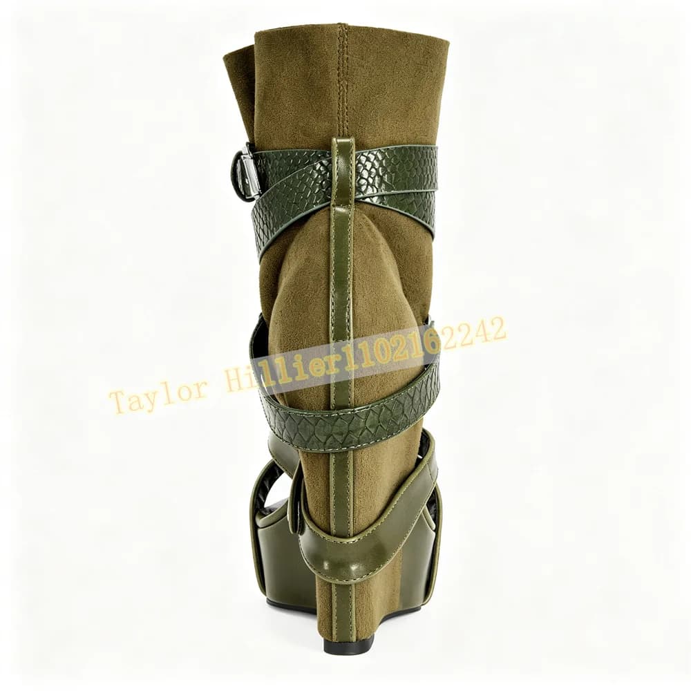 Women Green Platform Wedge Sandals Open Toe Ankle Boots Strappy Wrap Strap Thick Sole High Heel Snake Fashion Party Shoes 46