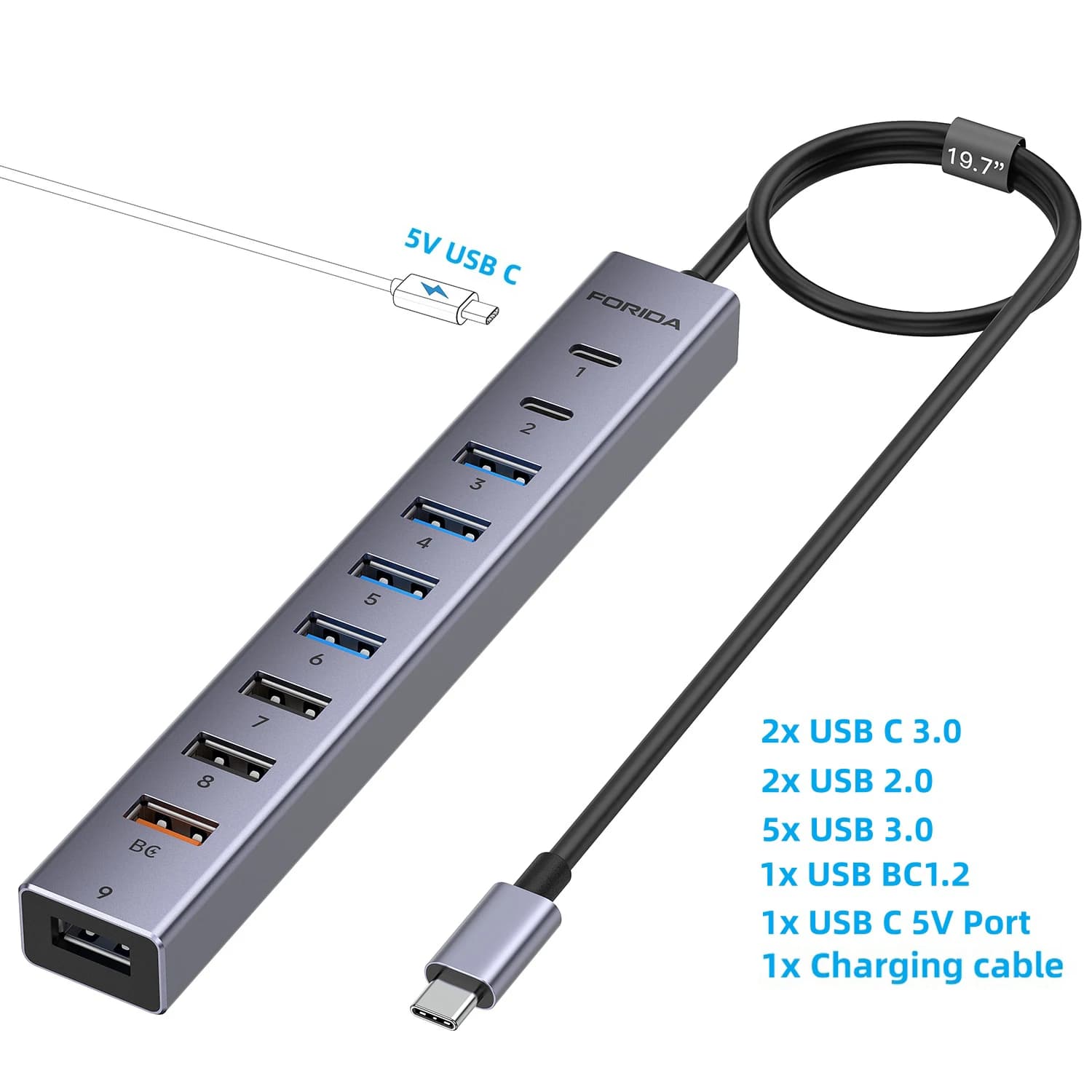 Hub USB C 10 in 1 3.0, Docking Station con 7 Porte USB-A, 2 Porte USB-C, Alimentatore 5V BC1.2, Adattatore per PC, Laptop, MacBook, U-Disk, Mouse
