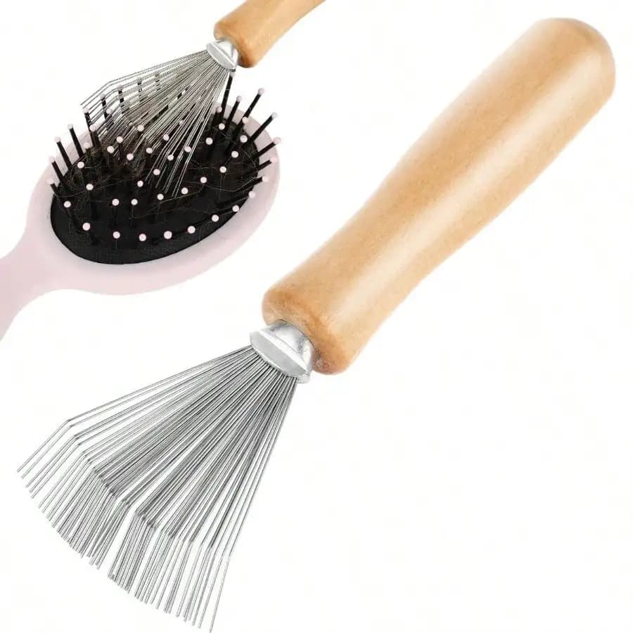 Spazzola per la pulizia dei capelli, spazzola per la pulizia dei pettini con design a rastrello, pulitore per spazzole con manico in legno, rimuovi peli, polvere, sporco, lanugine, per casa e salone