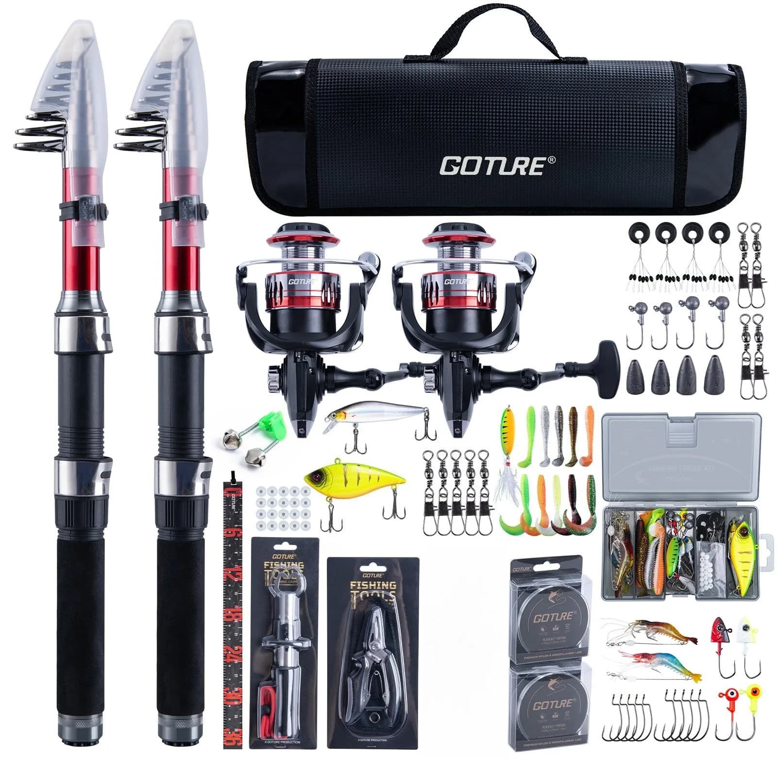 Goture 2 fishing rods and 2 reels combined equipment set complete telescopic rods spinning reels with travel fishing bag