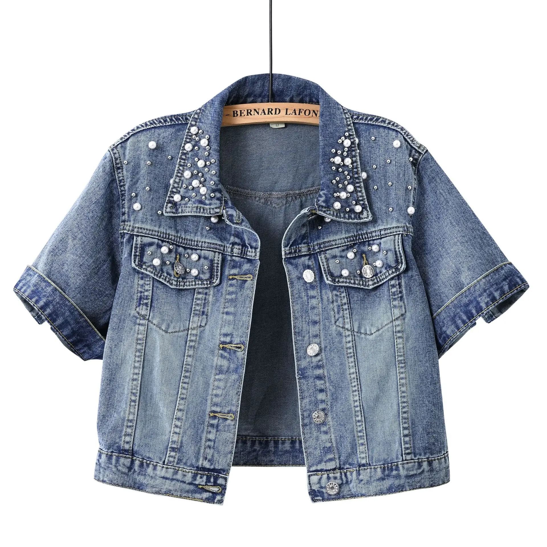 2026 Women Denim Jacket New Fashion Beaded Short-sleeved Vintage Cowboy Coat Female Loose Casual Tops Ladies Short Jeans Jacket