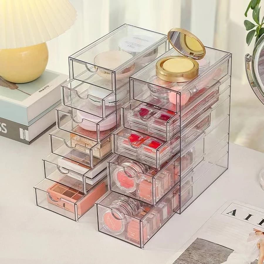 Organizzatore cosmetico da scrivania, porta trucchi in acrilico trasparente con cassetti per rossetti, porta pennelli da trucco per dormitorio.