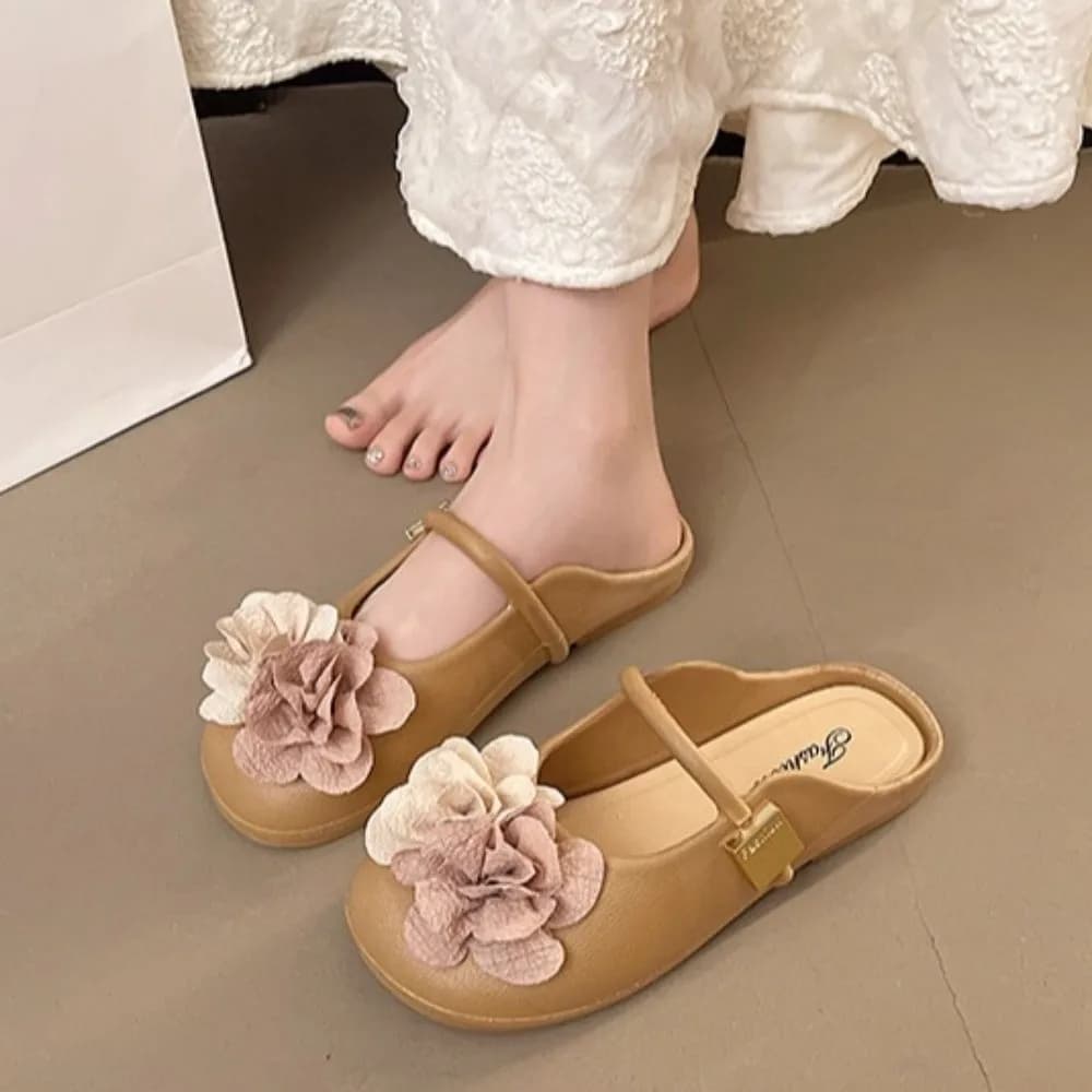 Ciabatte da donna 3D con fiori, stile francese, antiscivolo, con suola morbida, sandali da esterno, stile fatato