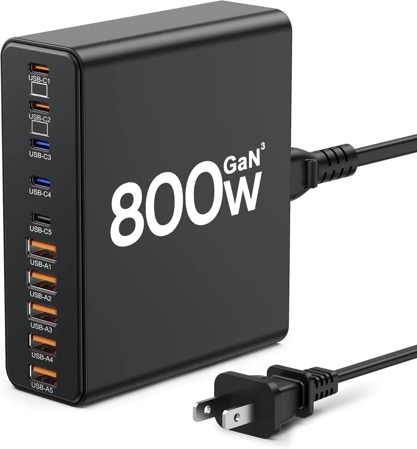 Caricatore Rapido GaN da 800W con 10 Porte USB-C e USB-A per Laptop, Telefoni, Tablet (Nero)