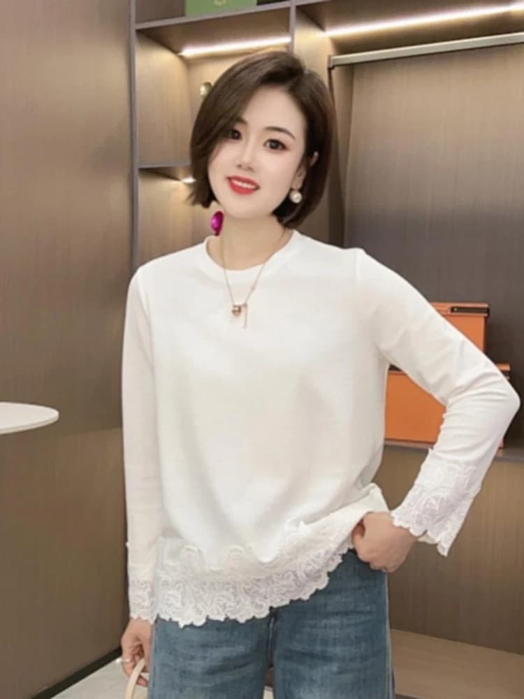 Lace Trim Splice Long Sleeve round Neck T-Shirt Loose Fit Slimming Top Trendy Casual Versatile Spring 2025 New Arrival