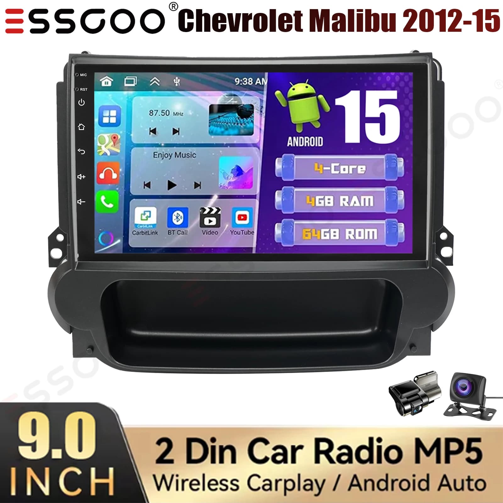 ESSGOO Autoradio Android 15 da 9 pollici 4+64G per Chevrolet Malibu 2012-2015 con CarPlay Wireless, GPS, Navigatore, Bluetooth, FM, SWC, DVR e AHD