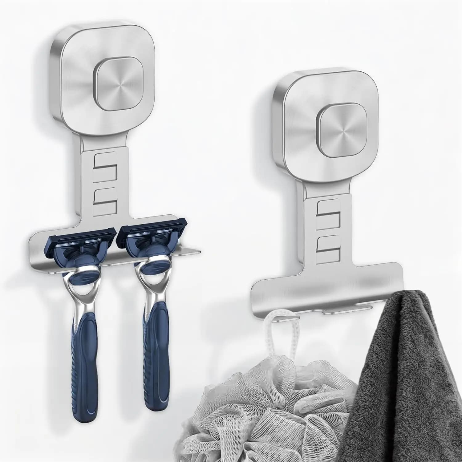 Supporto per Rasoio con Ventosa per Doccia, Ganci in Acciaio Inox per Asciugamani, Spugne, Rasoi, Installazione e Rimozione Senza Danni, 2 Pezzi