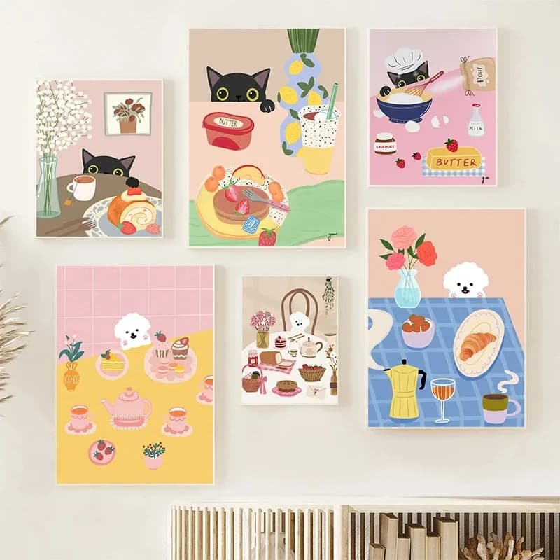 Divertente carino caffè gatto pane cucciolo Croissant cane Poster e stampe stampa su tela Wall Art Picture per soggiorno cucina Decor