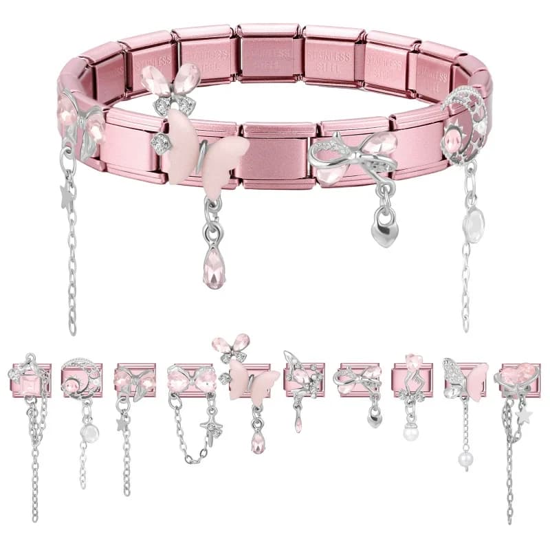 Y2K Glitter Bow Moon Heart Butterfly Star Pink Color Chain Charm Fit 9MM Stainless Steel Bracelet Women Men DIY Jewelry Gift