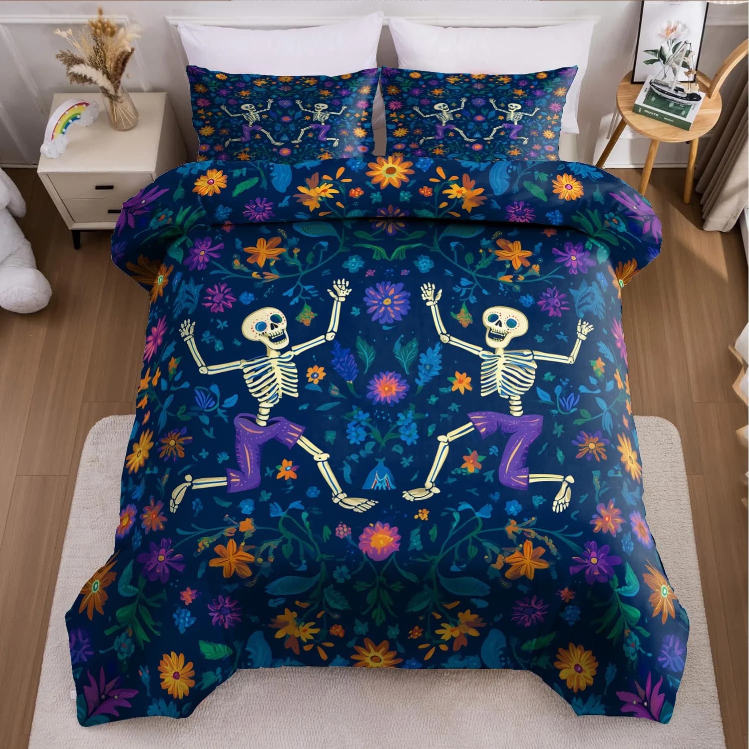 Set copripiumino natalizio da 3 pezzi senza anima, copripiumino con 2 federe Biancheria da letto floreale scheletrata morbida e lavabile in lavatrice