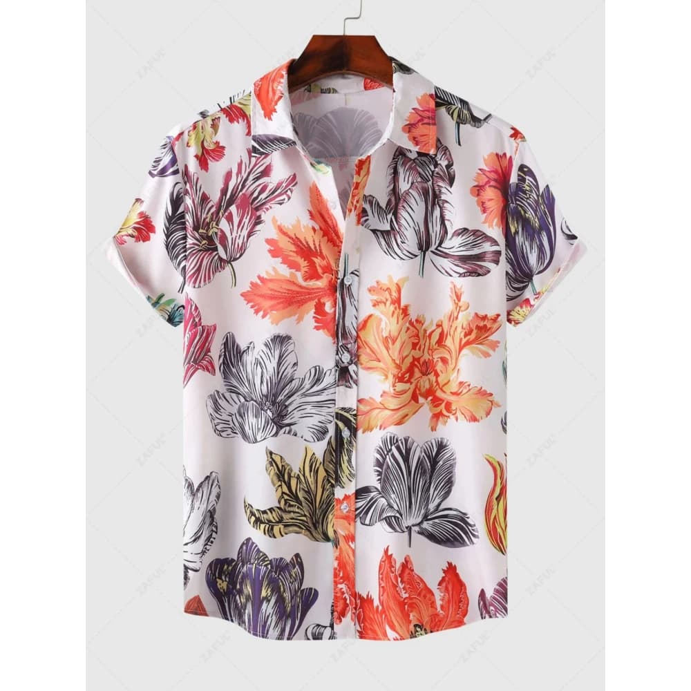 Hawaiian Shirt Men Fashion Palm Tree Design Geometric Printed Blouse Single-breasted Beach Short SleeveTops Men's Holiday Clothi