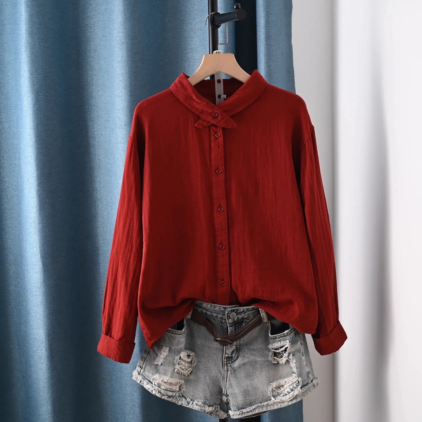 Enianechu Pretty and Elegant Women's Blouses 100% Cotton Yarn Original White Red Gray Solid Shirts Long Sleeve Ladies Tops