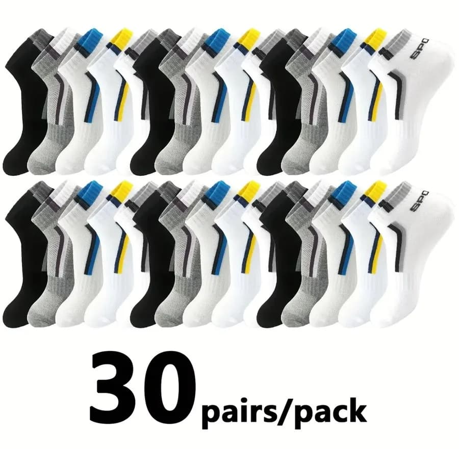 30Pairs Men's Mesh Breathable Short Casual Socks, Color-Block Sports Ankle Socks, Absorb Sweat & Quick-Dry Athletic