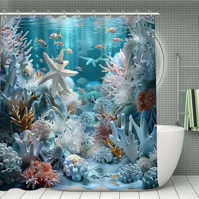 1 tenda da doccia in corallo blu con conchiglia oceanica e stelle marine, perfetta per l'arredamento del bagno con 12 ganci