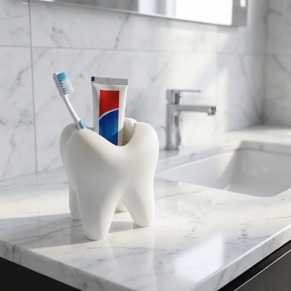 Portaspazzolino Multifunzionale a Forma di Dente 3D, Bianco, Creativo, Portapenne a Forma di Dente, Stabile e Durevole