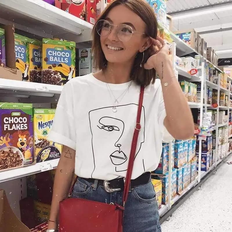 Abstract One Line Drawing T shirt Face 100 Premium Quality