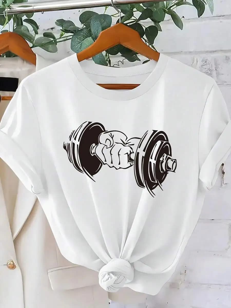 Womens Breathable Workout T-Shirt With Gym Print Round Neck Short Sleeve Tee For Gym Weightlifting Casual Wear