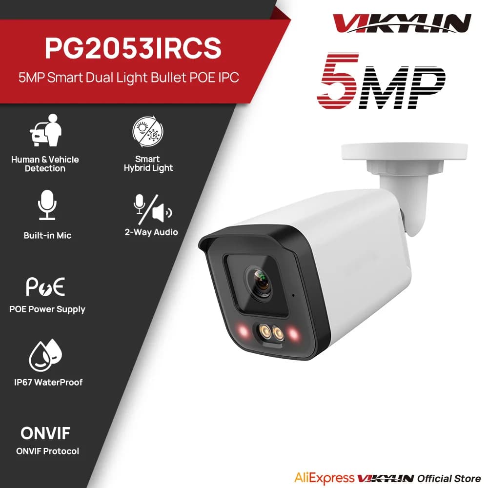Telecamera di Sicurezza IP VIKYLIN 5MP, Smart Dual Light, Audio Bidirezionale, PoE, Rilevamento Umano e Veicoli, ONVIF, Archiviazione SD, IP66, Bullet per Esterni