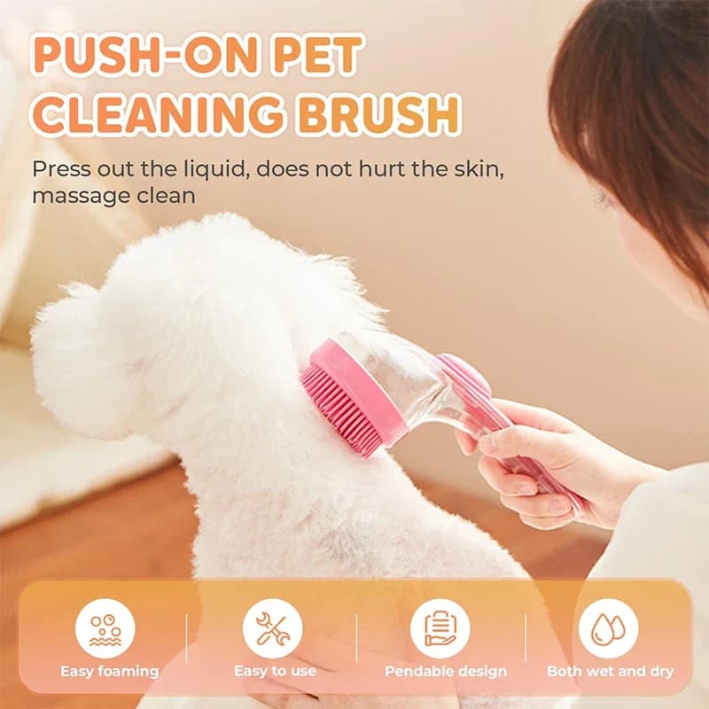 Spazzola per il bagno degli animali domestici con manico lungo 2 in 1 con dispenser di shampoo integrato per cani e gatti, per toelettatura e massaggio, riduce i residui, in silicone.