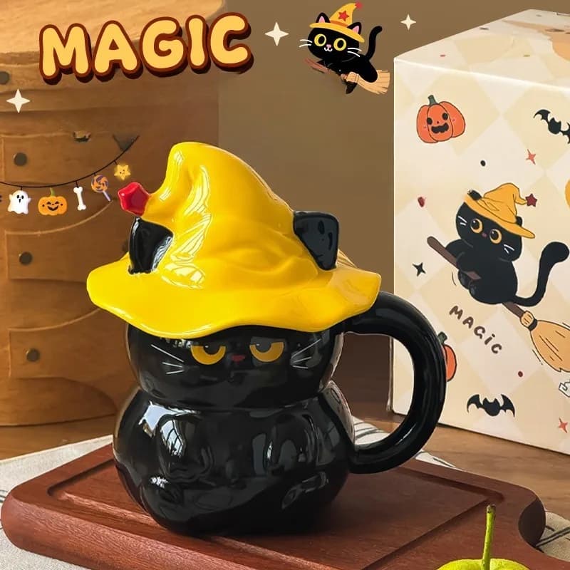 2025 New High-Quality Ghost Cat Ceramic Mug with Lid - Stylish Home Drinking Cup for Women, Practical Convenient for Daily Use