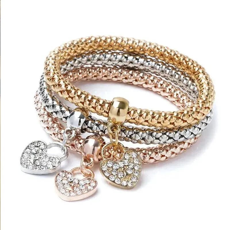 Set di 3 Bracciali con Ciondoli a Forma di Cuore, Lucchetto, Chiave, Nota Musicale, Gufo, Placcati in Oro Rosa e Argento, con Catena e Ciondolo a Gufo - Set di Gioielli