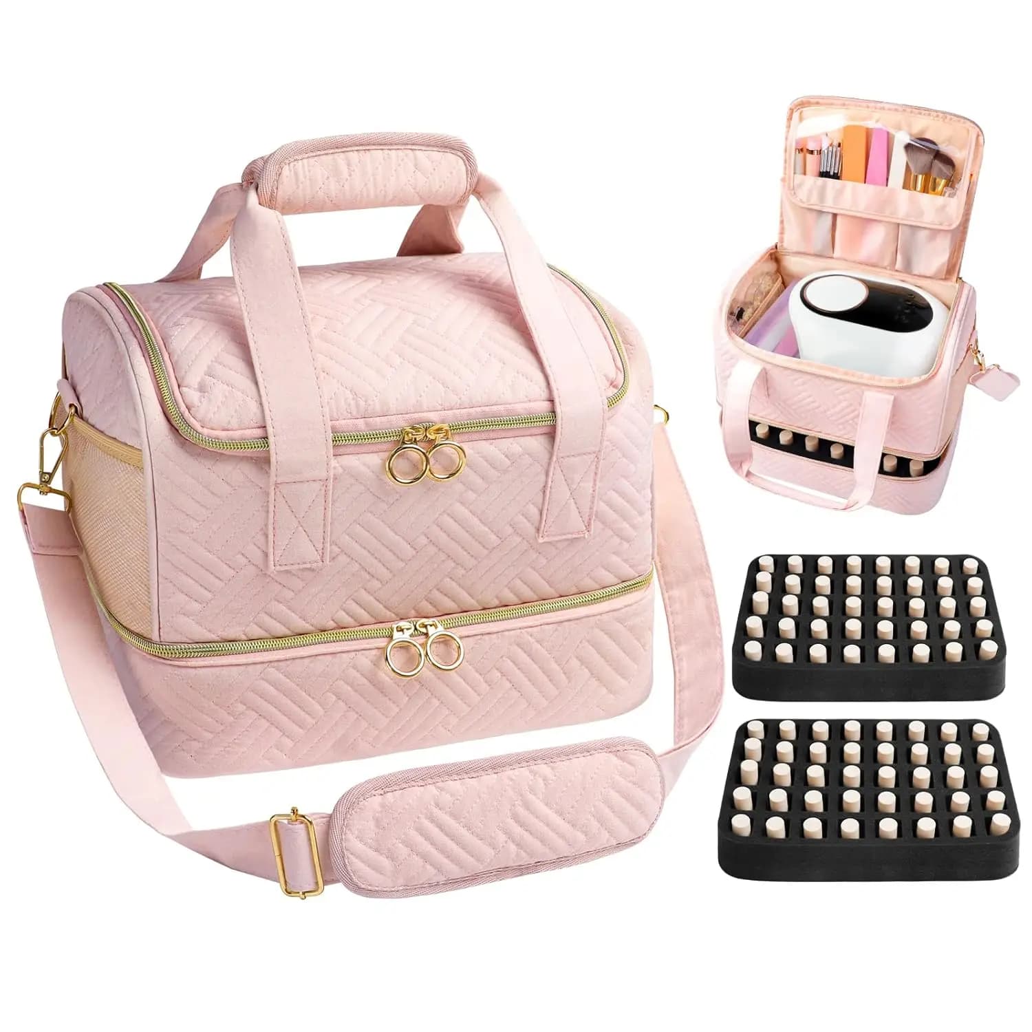 Borsa organizer per smalti a doppio strato con lampada, contiene 80 bottiglie e strumenti, custodia rosa