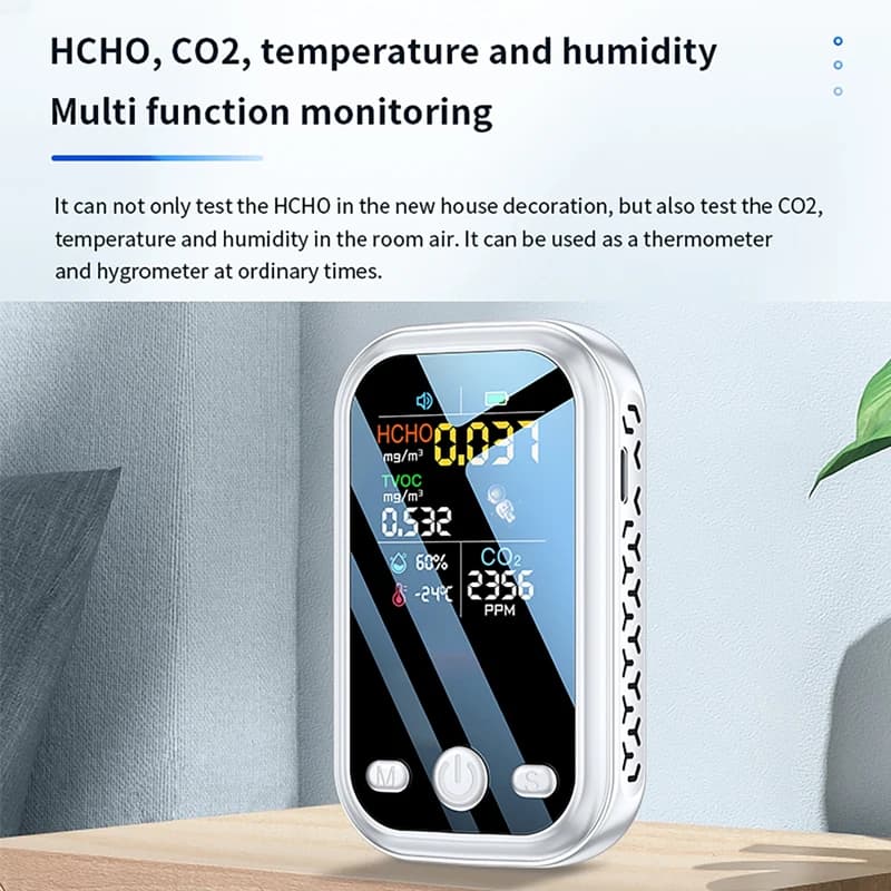 Rilevatore di Anidride Carbonica Portatile, Mini Monitor per la Qualità dell'Aria con Cordino, Allarme Fumo, Misuratore di CO2, Sensore di Temperatura e Umidità