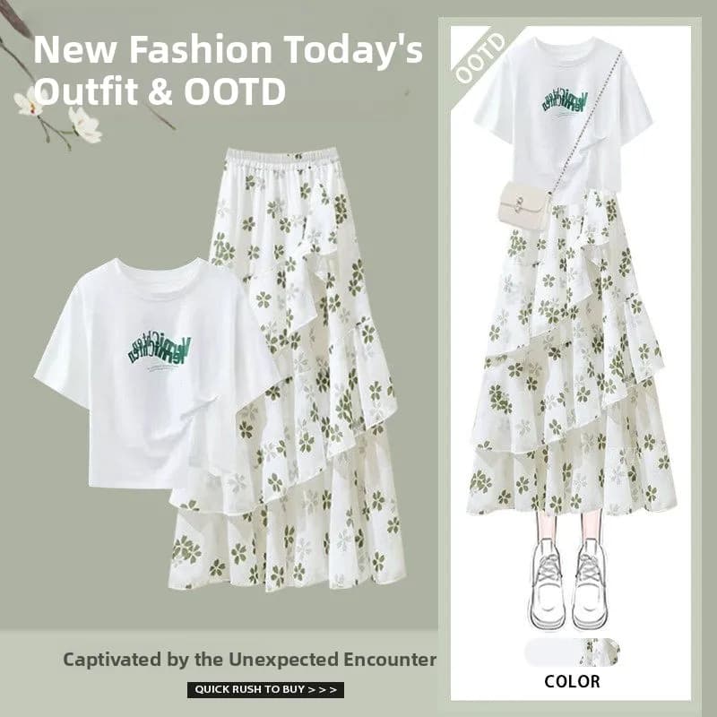 Completo estivo da donna: top casual ampio e gonna floreale snellente, in poliestere, con T-shirt abbottonata