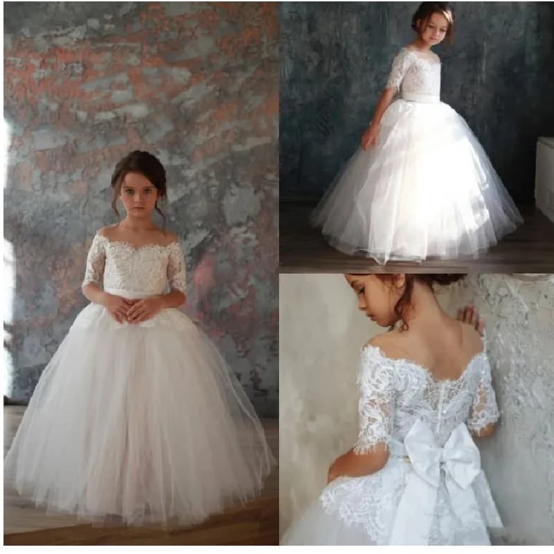 Abito da ragazza di fiore bianco personalizzato per matrimonio mezza manica in pizzo con spalle scoperte con fiocco Abiti da ballo per prima comunione per festa di compleanno