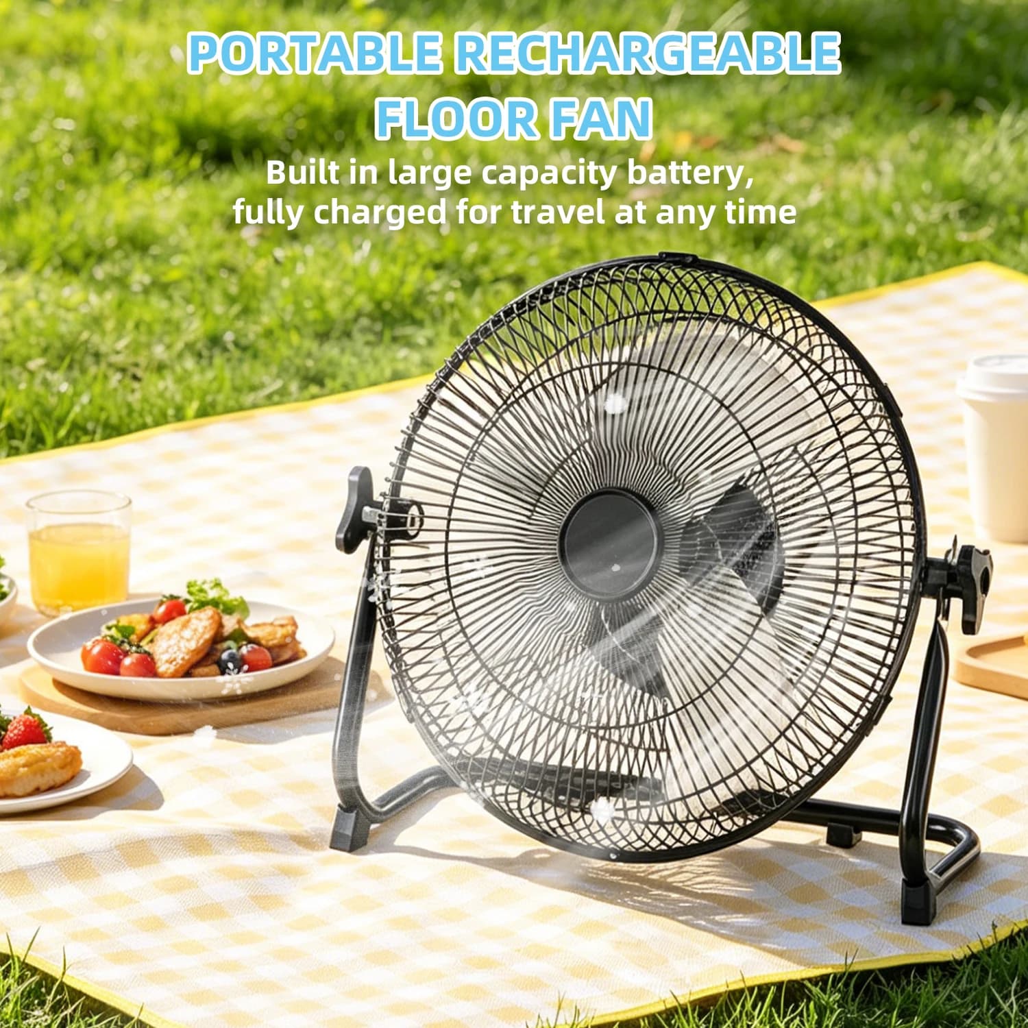 Ventilatore da Pavimento con Motore Brushless da 14 Pollici, Potente Ventilatore Elettrico Portatile Ricaricabile con Batteria da 15600mAh per Campeggio all'Aperto