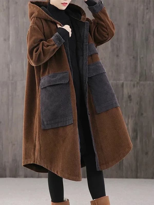 Thickened Cotton Corduroy Jacket for Women with Hood Mid-Length plus Size Autumn Winter Coat Warm Comfortable Cotton Outerwear
