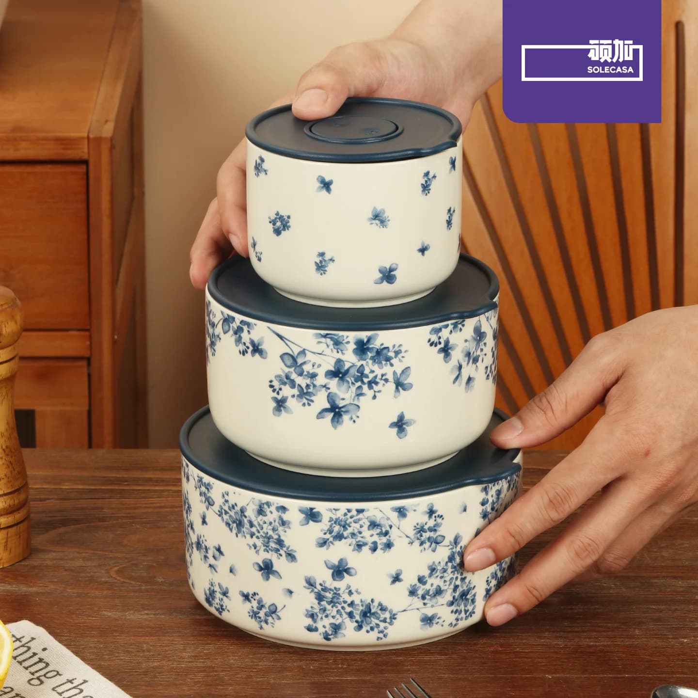SOLECASA Elegante portapranzo in ceramica sottosmalto blu, ermetica e a prova di perdite per ufficio, picnic e preparazione dei pasti