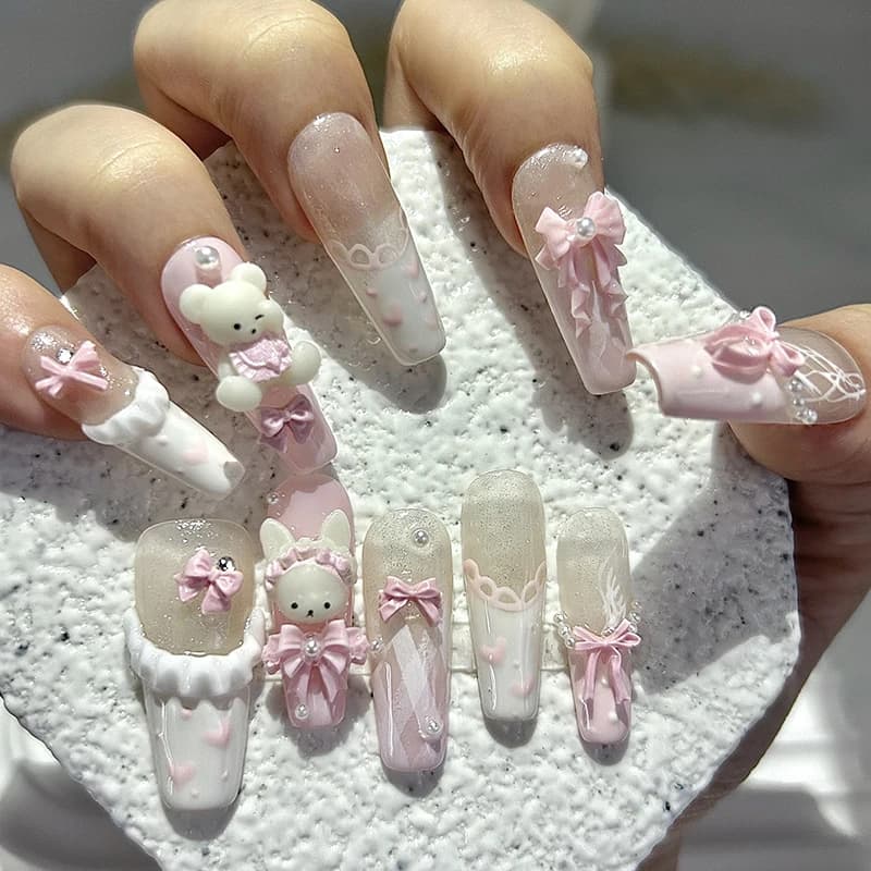 10 Pieces Fin Nails Pink Lungs with 3D Bow Teddy Bear, Style Lolita Kawaii, Handmade, with Pearls and Glitter, Nail Art