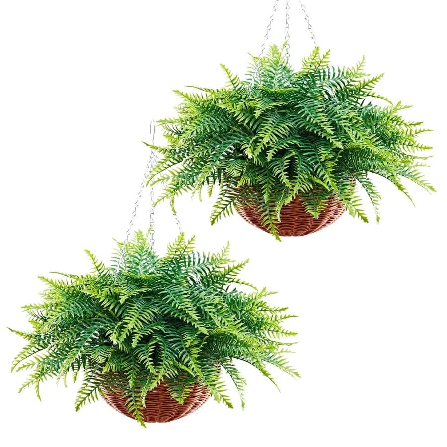 Artificial Ferns Set of 2 Hanging Boston Fern Bush Plants with 23-Inch Length Plastic Faux Greenery for Indoor and Outdoor Deco
